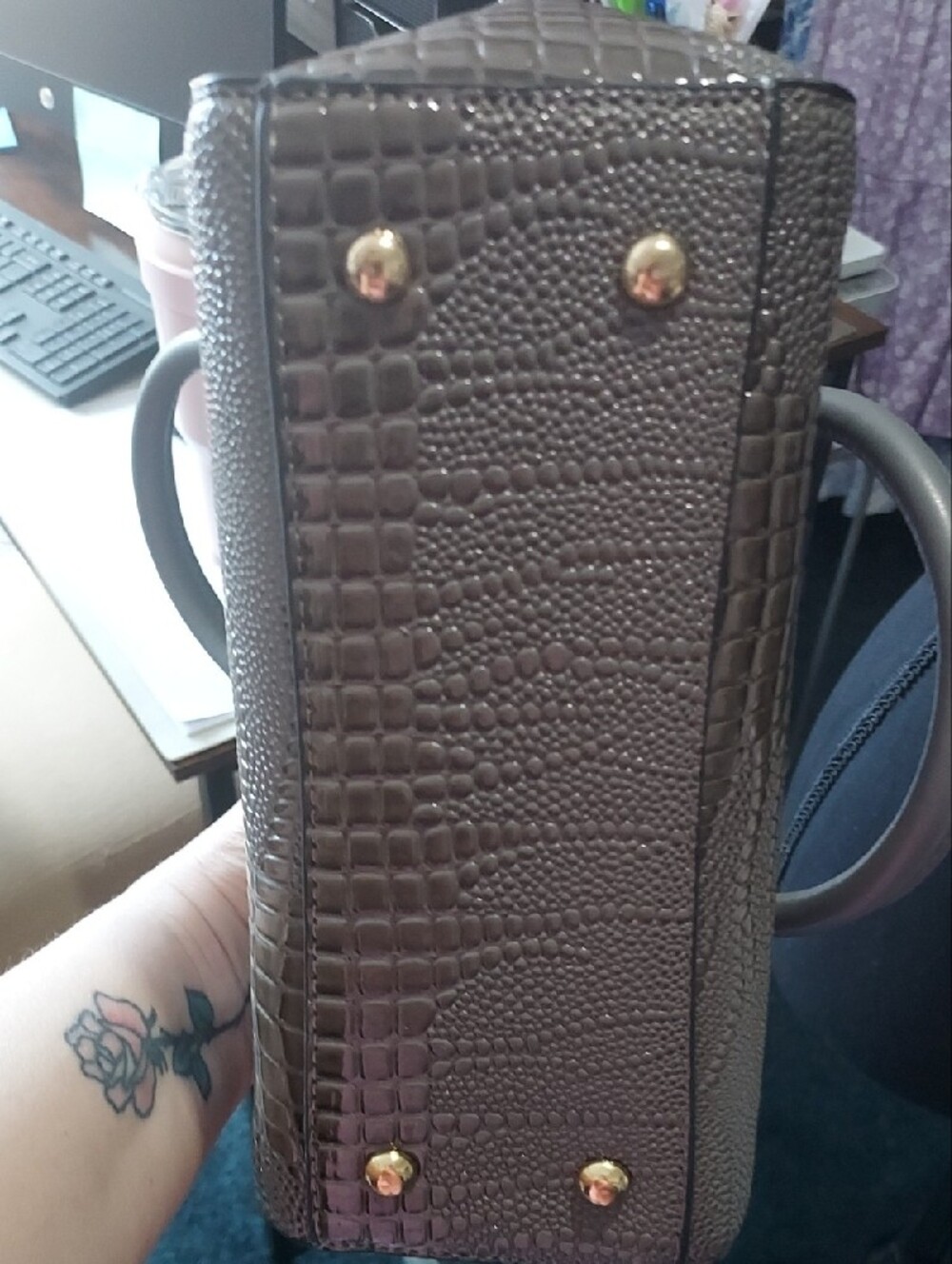 Disha Kula Gray Croc-Embossed Dome Satchel with Gold Hardware - Picture 5 of 5